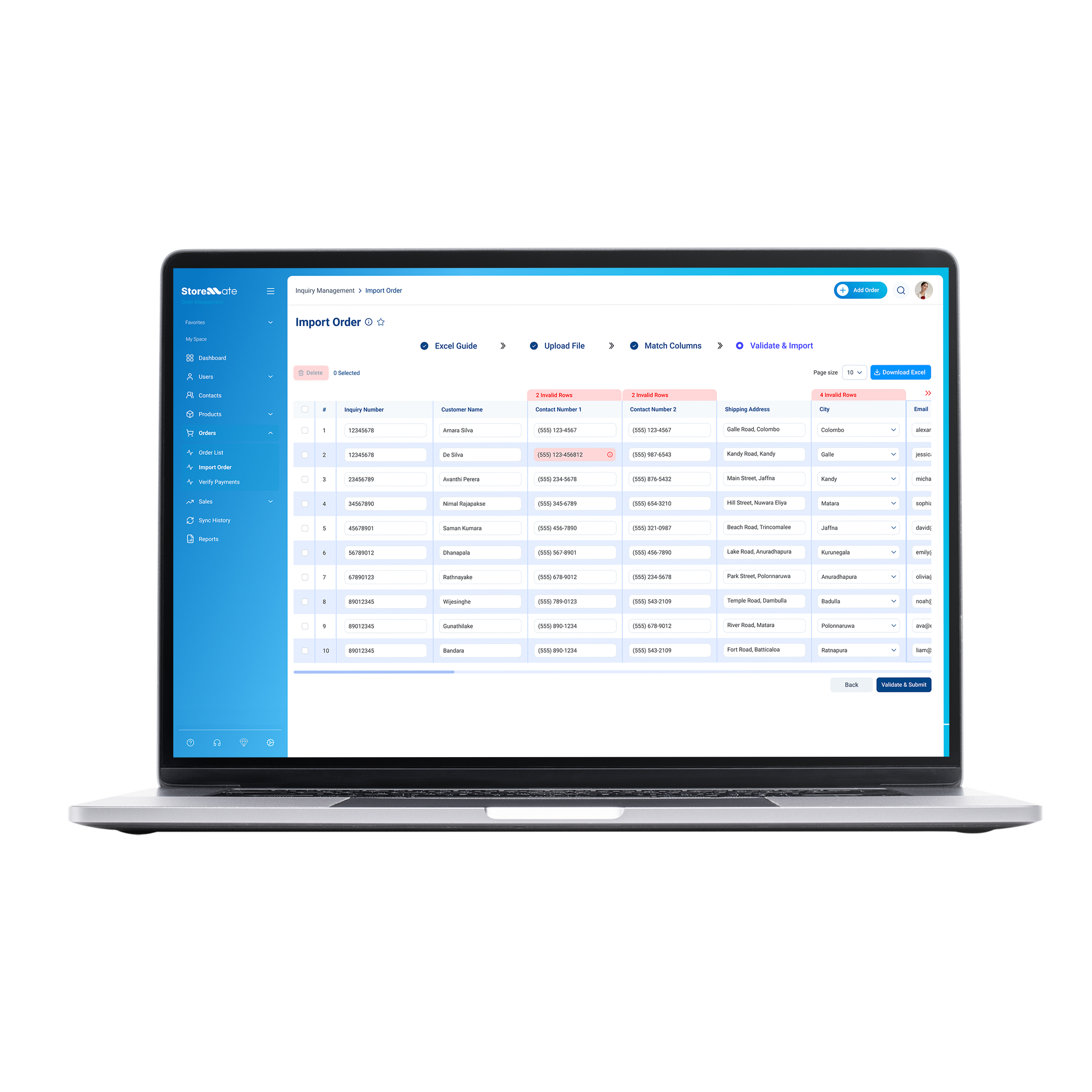Storemate Import Order, Match Columns step with data preview table